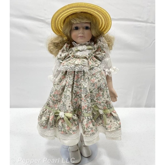 Porcelain Doll 16 Inch Cloth Body Tag Marked J.C. Penney 1992 Blonde Hat No Box - Picture 1 of 6